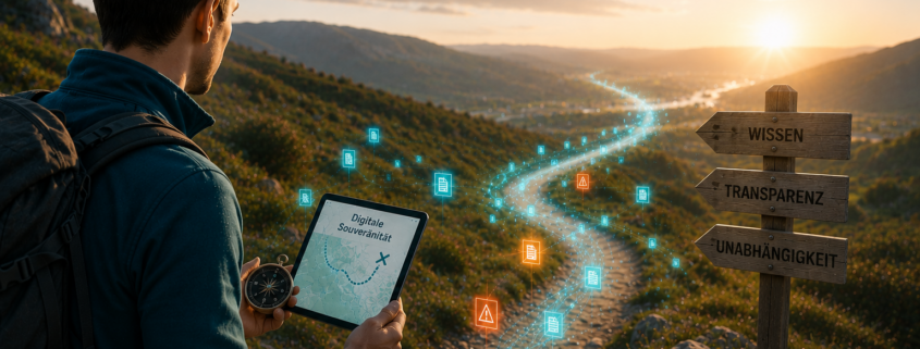 Digitale Souveränität: Ein Wanderer auf einem digitalen Weg in Richtung Wissen, Transparenz und Unabhängigkeit.