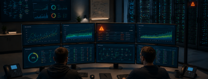 Ein Leitstand eines Rechenzentrums mit zahlreichen Displays und Monitoring-Charts.